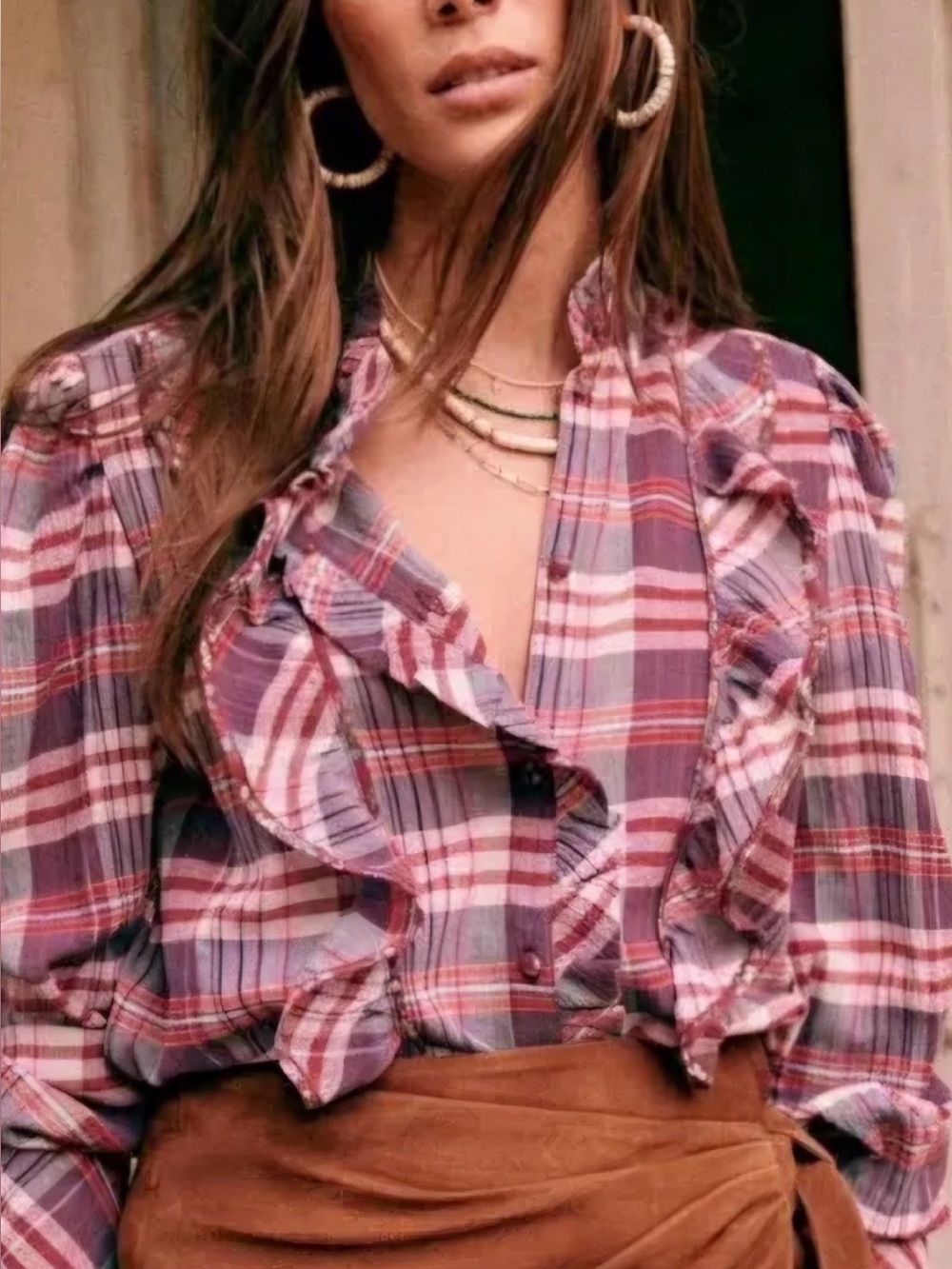 Sézane Melodia Ruffled Plaid Button-Down Top - Pink Multi, size 6